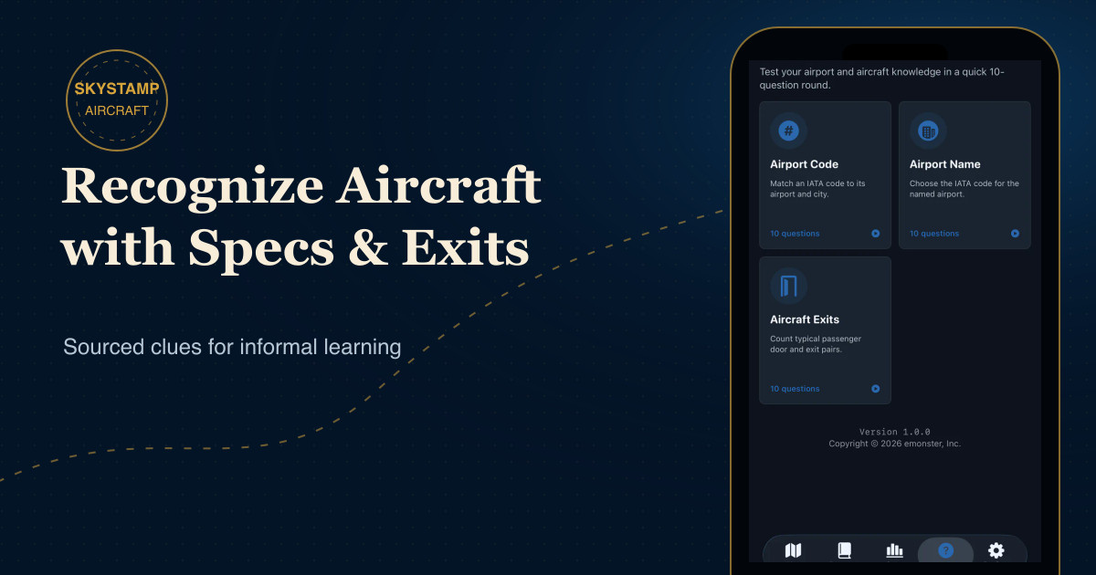 SkyStamp Quiz screen highlighting the Aircraft Exits learning mode