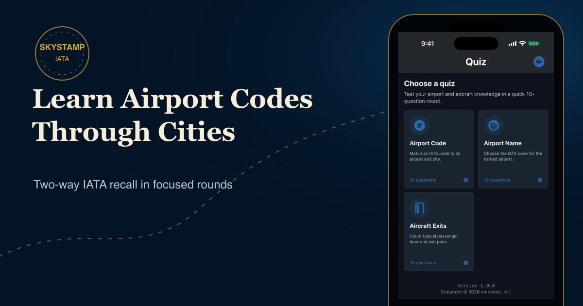 SkyStamp Quiz screen with Airport Code and Airport Name learning modes