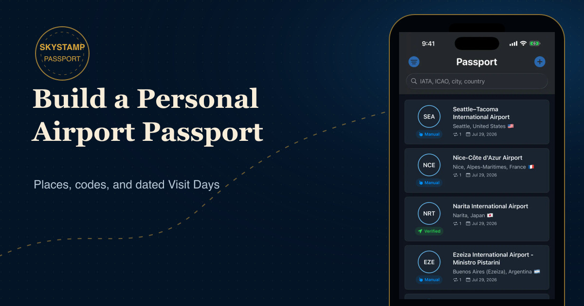 SkyStamp Passport screen showing airport codes, cities, countries, and dated visits