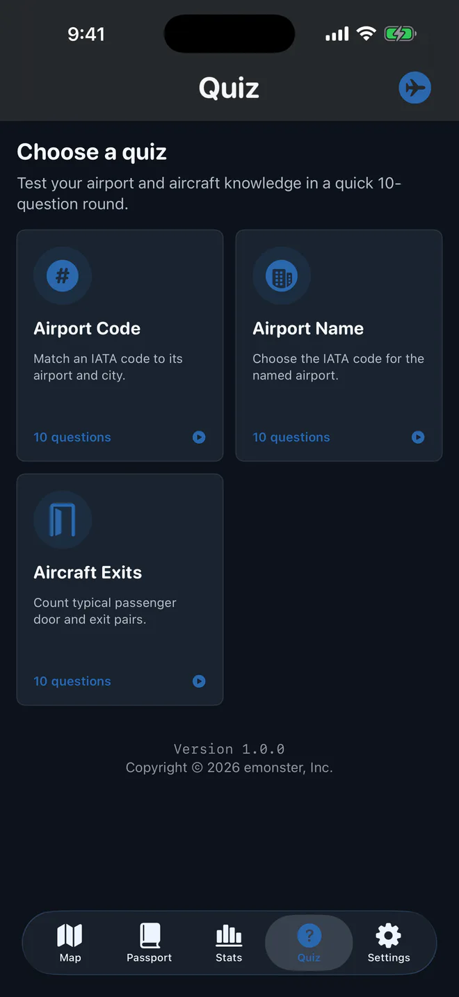 Quiz — Keep airport codes and aircraft knowledge sharp between trips.